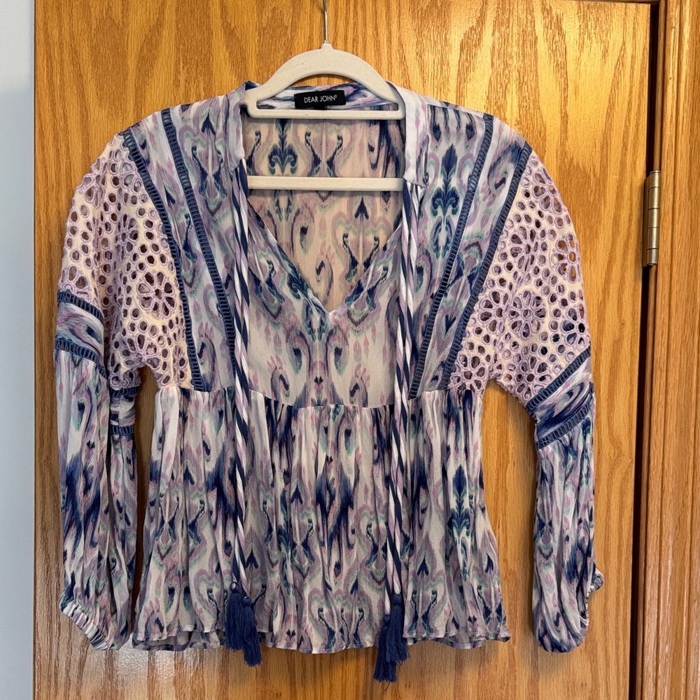 Dear John Lavender & Navy Printed Peasant Top